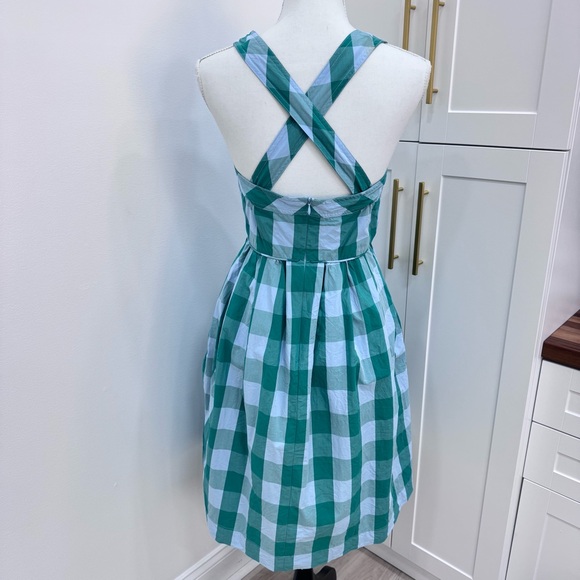 J. Crew Karina Gingham Midi Dress Green Blue Check Square Neckline Size 4 50s - Picture 4 of 11
